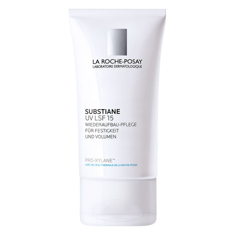 Tube mit feuchtigkeitsspendender Gesichtscreme von La Roche-Posay, mit UV-Schutz und Anti-Aging-Eigenschaften.