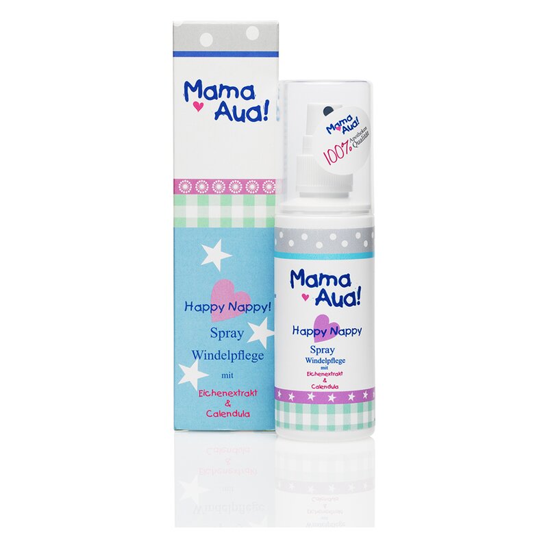 Spray zur Windelpflege mit Eichenextrakt und Calendula in flacher Flasche und Verpackung mit buntem Design.