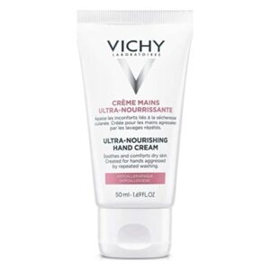 Tube mit ultra-nährender Handcreme von Vichy, 50 ml, mit hypoallergener Formel, für trockene Haut.