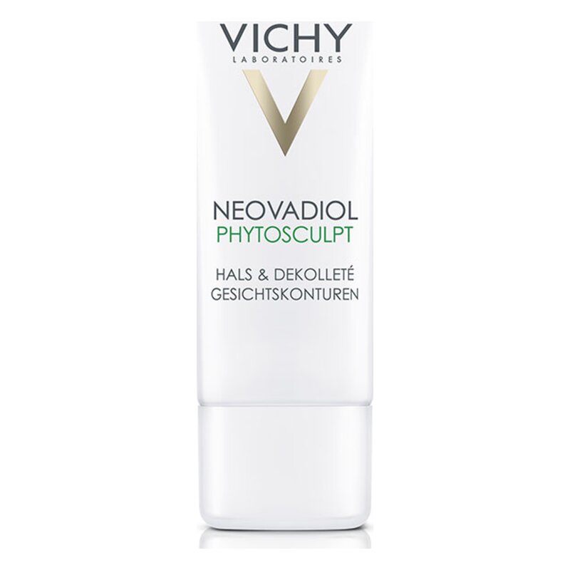 Weißer Pump-Flakon für Vichy Neovadiol Phytosculpt zur Konturierung von Hals und Dekolleté.