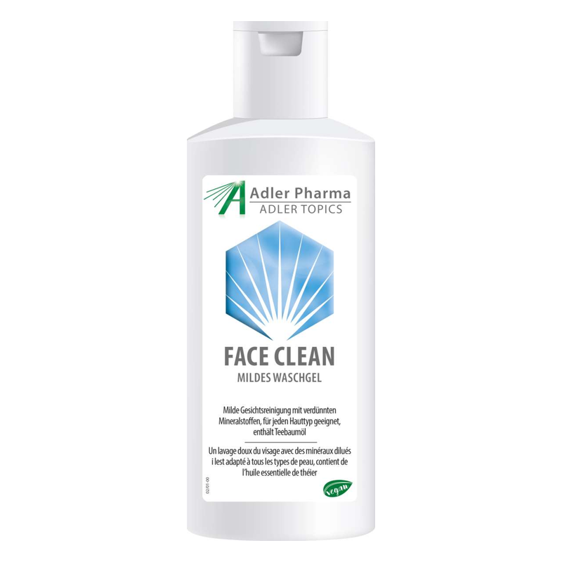 Weißer Flakon mit Flip-Top-Verschluss, etikettiert mit "FACE CLEAN mildes Waschgel" und blauer geometrischer Grafik.