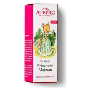 Verpackung eines Gesichtsöls mit einer illustration einer Maus in einem grünen Kleid und dem Text "Prinzessin Majoran"