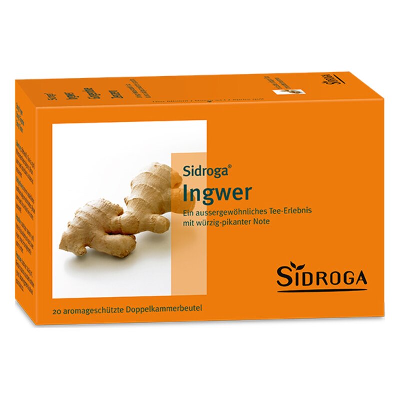 Verpackung von Sidroga Ingwer Tee mit ginger Wurzel und Beschreibung des Tees.