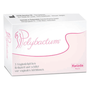 Weißer Karton mit pinken Akzenten, der Polybactum vaginalen Zäpfchen darstellt, schützt vor vaginalen Infektionen.