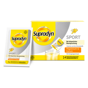 Supradyn Sport Brausegranulat in Weiß mit orangefarbenem Geschmack, verpackt in einem Karton mit 14 Beuteln.