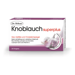 Verpackung von Dr. Böhm Knoblauch superplus mit Angaben zu Inhalt und Wirkstoffen, inklusive Grafiken von Knoblauchzehen.