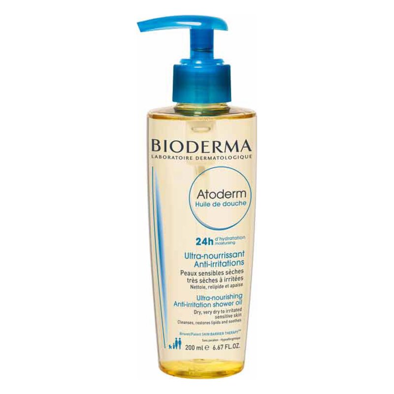 Transparente, flüssige Duscheölflasche von Bioderma mit blauer Pumpe und Etikett in mehreren Sprachen.