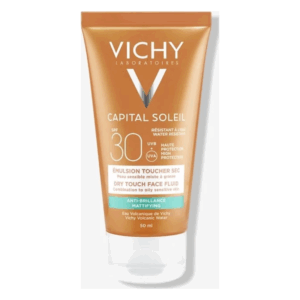 Vichy Capital Soleil Sonnenemulsion in einer goldfarbenen Tube mit SPF 30 für fettige und empfindliche Haut.