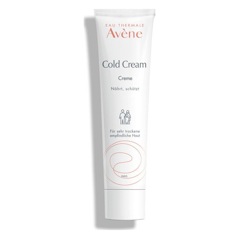 Eine Tube Avène Cold Cream, die für sehr trockene und empfindliche Haut formuliert ist, mit dem Hinweis auf Pflege und Schutz.