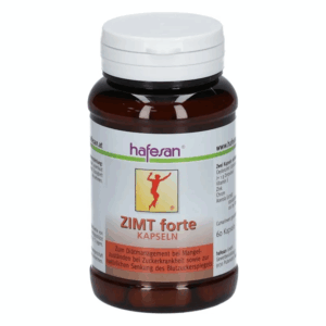 Braune Flasche mit weißen Verschluss, Zimt forte Kapseln zur Unterstützung bei Zuckerkrankheit und Blutzuckermanagement.