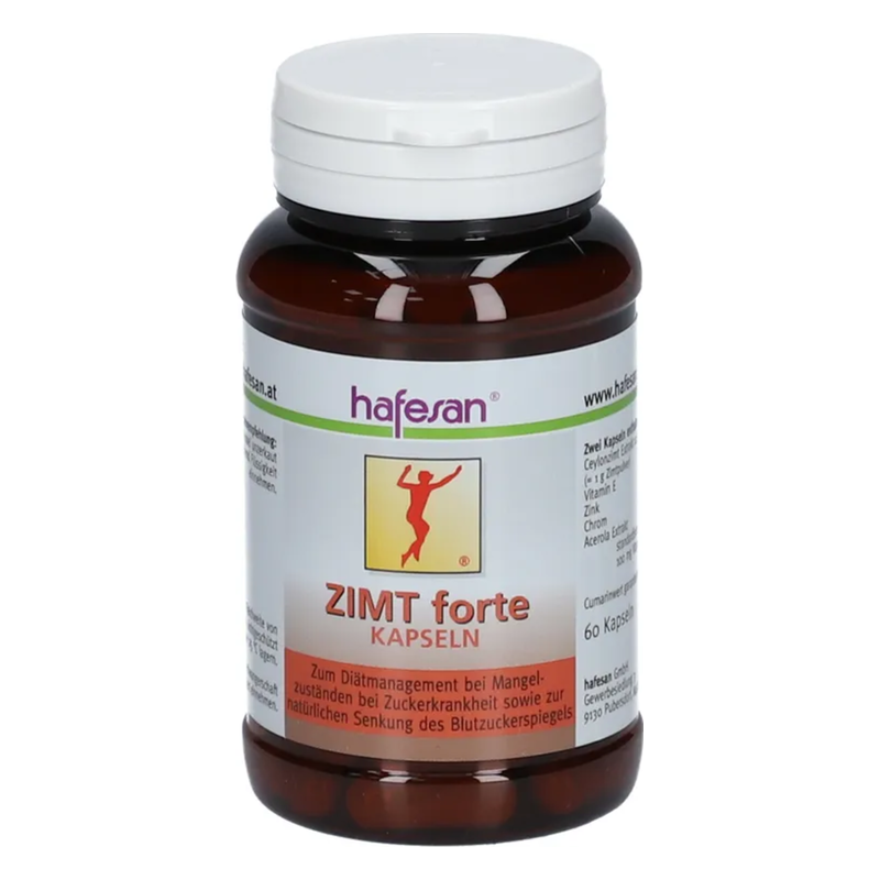 Braune Flasche mit weißen Verschluss, Zimt forte Kapseln zur Unterstützung bei Zuckerkrankheit und Blutzuckermanagement.