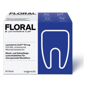Verpackung von Lactoferrin CLN™, Mund- und Zahnpflege-Lutschtabletten für gesunde Mundflora, mit Zahnmotiv