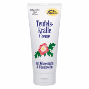 Weiße Tube mit Aufschrift "Teufelskralle Creme" und einer Blüte, Inhalt 100 ml, enthält Glucosamin und Chondroitin.