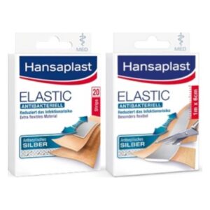 Verpackungen von Hansaplast Elastischen, antibakteriellen Pflastern in zwei Größen, mit Informationen zum Schutz gegen Infektionen.