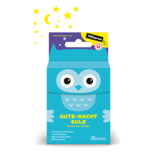 Blaue Verpackung mit einer cartoonhaften Eule, beschriftet mit 'GUTE-NACHT EULE', Kräutertee-Extrakt.