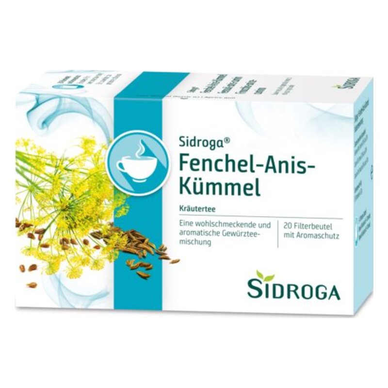 Verpackung von Sidroga Fenchel-Anis-Kümmel Kräutertee in einer Box mit auffälligem Gräser- und Kräuterdesign.
