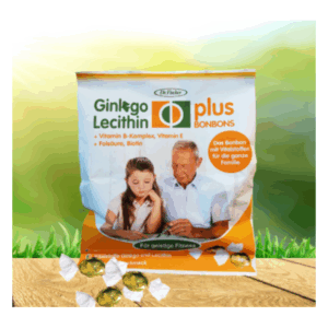Verpackung von Ginkgo Lecithin plus Bonbons mit Hinweisen zu Inhaltsstoffen für geistige Fitness.