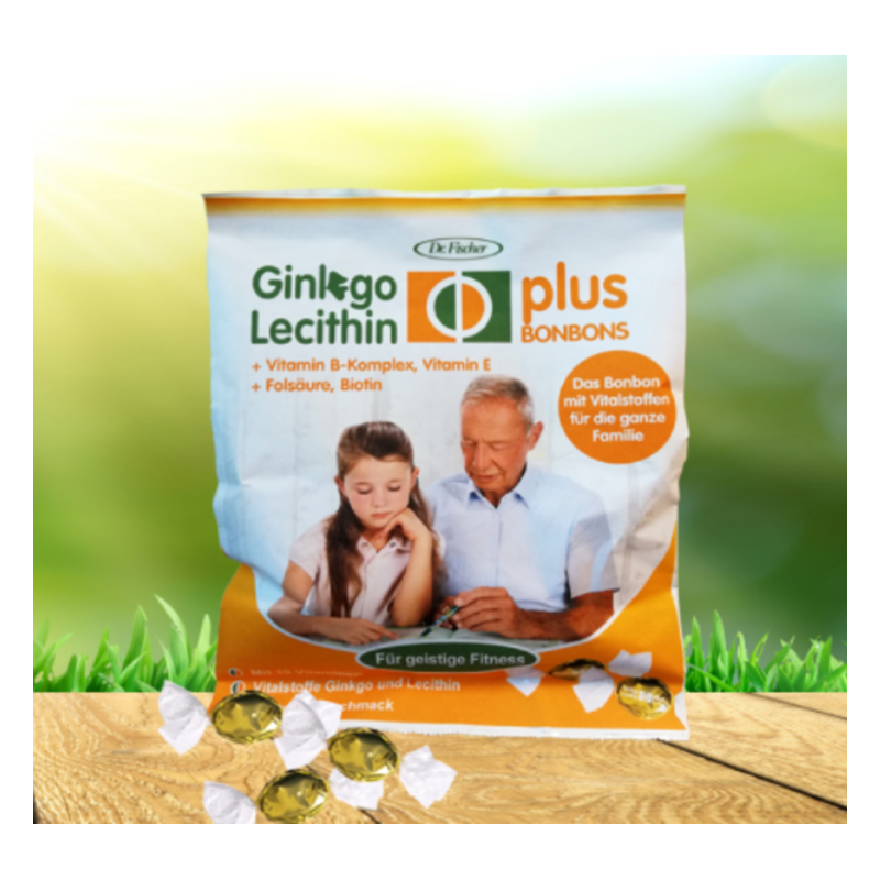 Verpackung von Ginkgo Lecithin plus Bonbons mit Hinweisen zu Inhaltsstoffen für geistige Fitness.