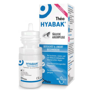 Flasche mit Augentropfen, umgeben von einer Verpackung mit Anweisungen zur Anwendung und Inhaltsstoffen.