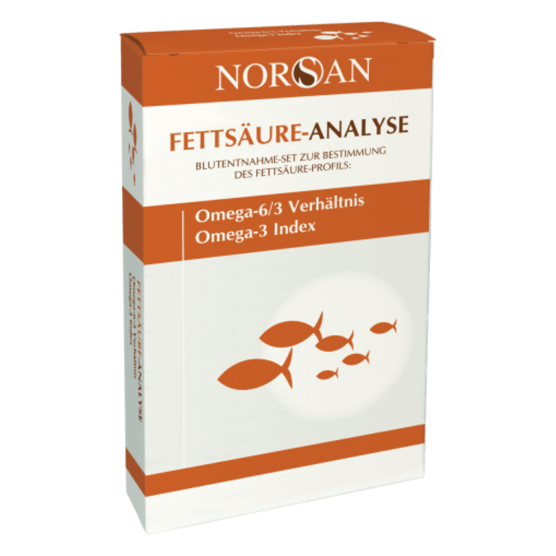 Packung für eine Fettsäure-Analyse mit Angaben zu Omega-6/3 Verhältnis und Omega-3 Index.