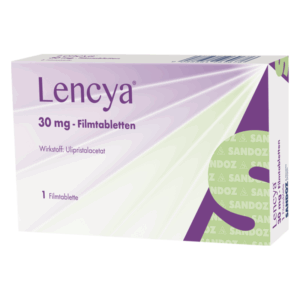 Verpackung mit Filmtabletten von Lencya, 30 mg, mit Hinweis auf den Wirkstoff Ulipristalacetat.