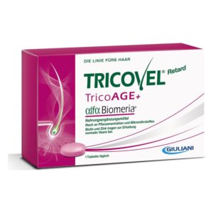 Packung des Nahrungsergänzungsmittels Tricovel Retard TricoAGE+ mit einer pinken Tablette.