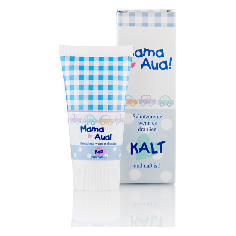 Squeeze-Tube mit blauer karierten Verpackung, enthält Schutzcreme für empfindliche Haut bei kaltem Wetter.