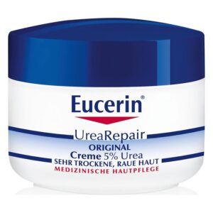 Eucerin UreaRepair Creme in einem runden Behälter mit blauer Kappe, speziell für sehr trockene Haut.