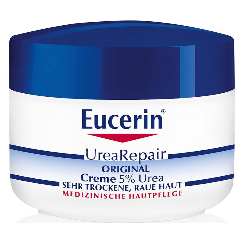 Eucerin UreaRepair Creme in einem runden Behälter mit blauer Kappe, speziell für sehr trockene Haut.