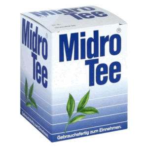 Verpackung von Midro Tee in einem blauen Karton mit grünen Teeblättern und Gebrauchsinformationen.