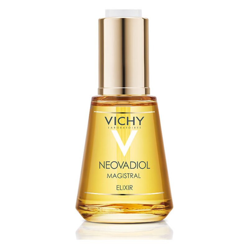 Flasche mit goldenem Elixier von Vichy, Design hebt die Marke und das Produkt hervor.