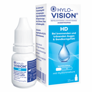 Weißer Augentropfenbehälter mit blauer Beschriftung und Packung, die Hyaluronsäure enthält und gegen trockene Augen hilft.