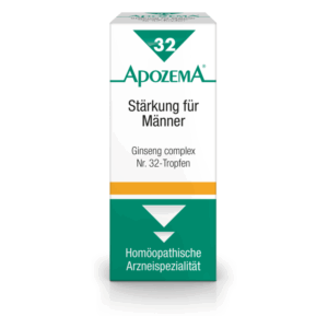 Verpackung von ApoZema Nr. 32-Tropfen für Männer mit Ginseng-Complex, in einem weißen und grünen Design.