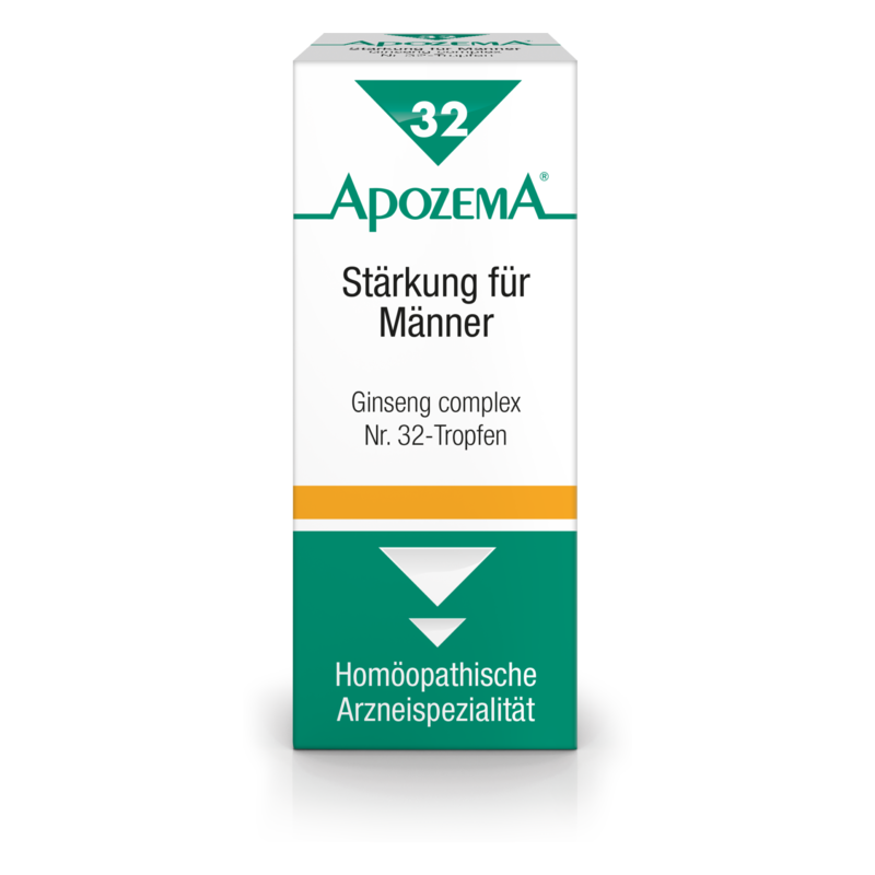 Verpackung von ApoZema Nr. 32-Tropfen für Männer mit Ginseng-Complex, in einem weißen und grünen Design.