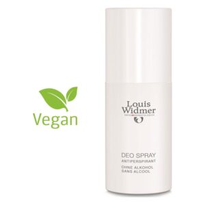 Weißes Antiperspirant Deo Spray von Louis Widmer mit veganem Label und ohne Alkohol.