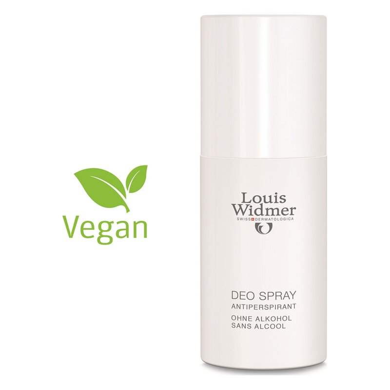 Weißes Antiperspirant Deo Spray von Louis Widmer mit veganem Label und ohne Alkohol.