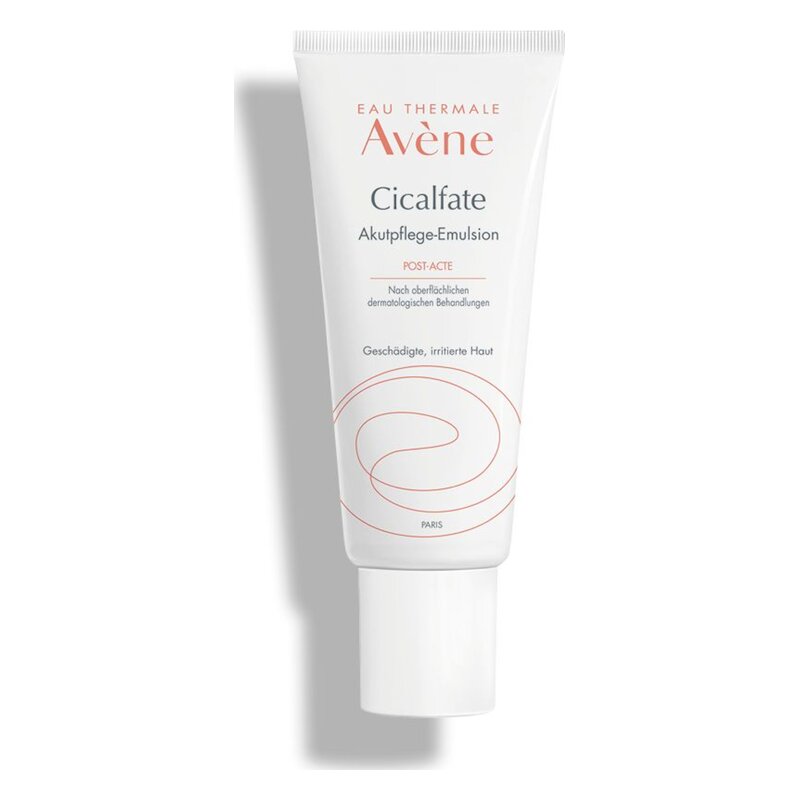 Tube der Cicalfate Akutpflege-Emulsion von Avène für geschädigte, irritierte Haut, mit einem klaren, bunten Design.