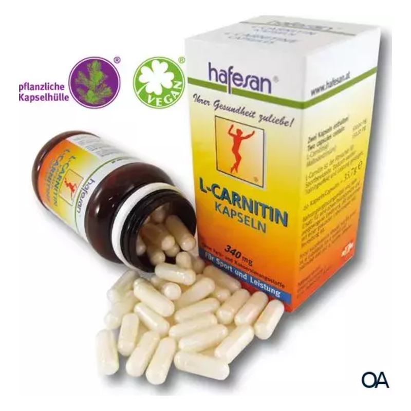 Ein offenes Fläschchen mit L-Carnitin Kapseln und dazugehöriger Verpackung, die pflanzliche Kapselhüllen und vegane Produkte anzeigt.