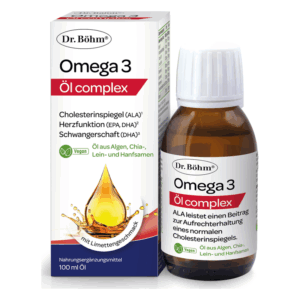 Eine Flasche mit Omega 3 Öl complex von Dr. Böhm in einer Verpackung mit Infos zu den Inhaltsstoffen und Anwendung.