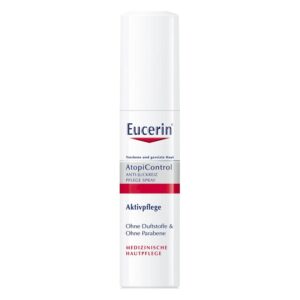 Eucerin AtopiControl Pflege Spray in weißer Flasche mit rotem Etikett, anti-juckreiz, ohne Duftstoffe und Parabene.