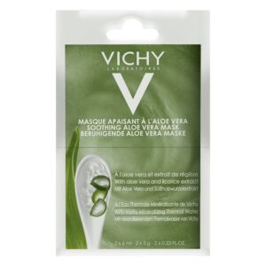 Verpackung der beruhigenden Aloe Vera Maske von Vichy mit Bildern von Aloe Vera und beruhigenden Inhaltsstoffen.