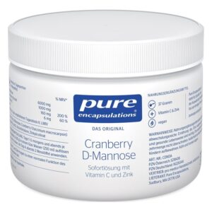 Dose mit Cranberry D-Mannose, sofortlöslich, ergänzt mit Vitamin C und Zink, in weißer Verpackung.