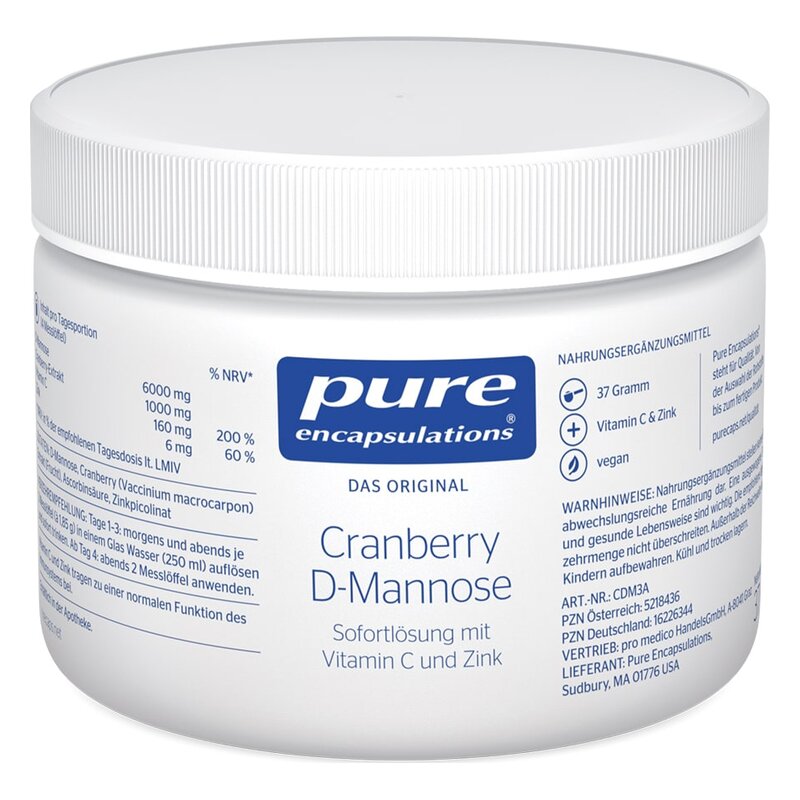 Dose mit Cranberry D-Mannose, sofortlöslich, ergänzt mit Vitamin C und Zink, in weißer Verpackung.
