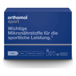 Verpackung von Orthomol Sport mit Fokus auf Mikronährstoffe für die sportliche Leistung, in blauem Design.