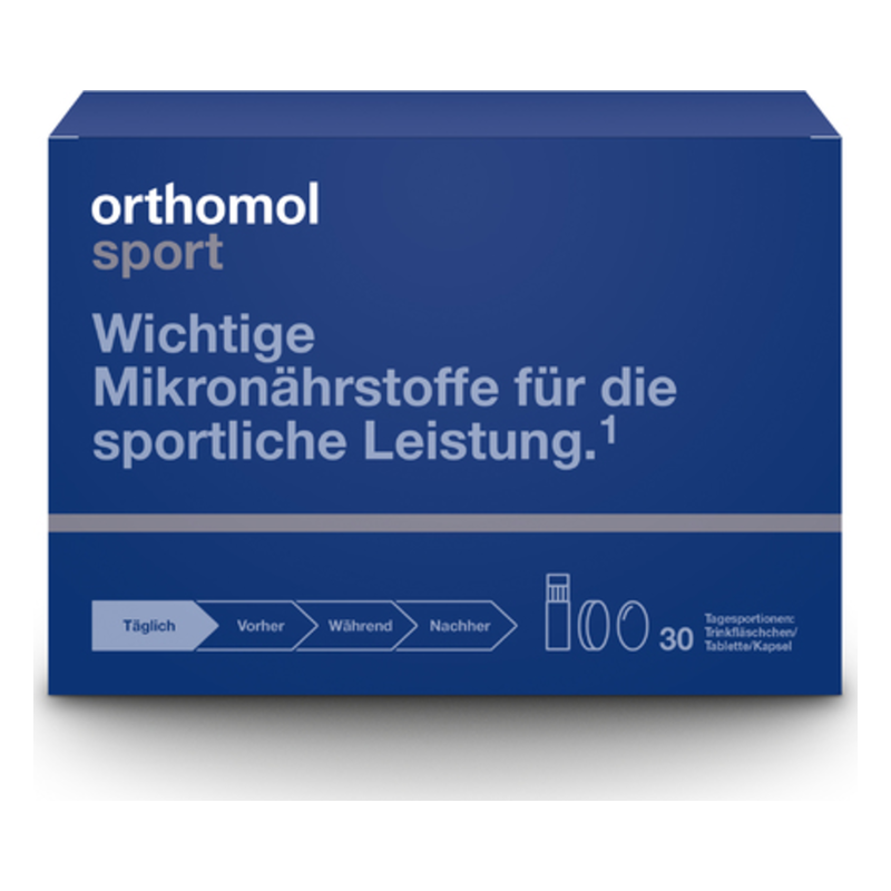 Verpackung von Orthomol Sport mit Fokus auf Mikronährstoffe für die sportliche Leistung, in blauem Design.