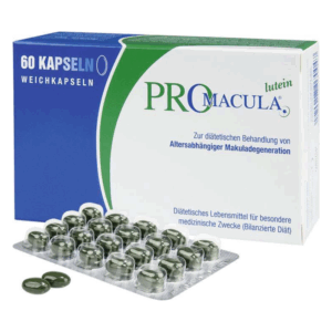 Verpackung mit 60 grünen Weichkapseln zur Behandlung altersabhängiger Makuladegeneration, präsentiert in Blisterpackung.