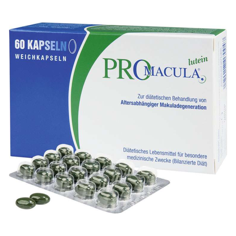 Verpackung mit 60 grünen Weichkapseln zur Behandlung altersabhängiger Makuladegeneration, präsentiert in Blisterpackung.