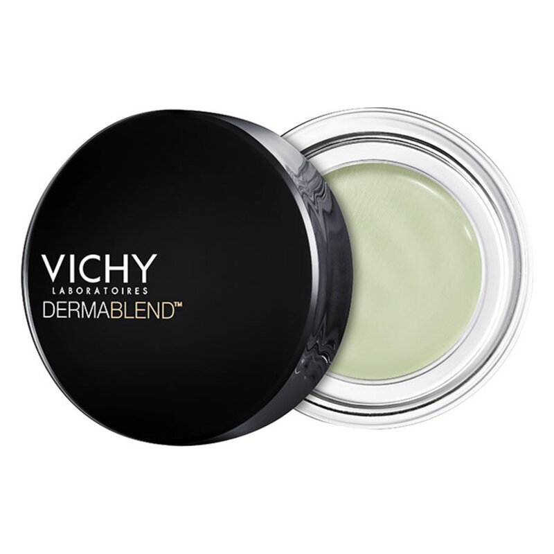 Runde, schwarze Verpackung mit silbernem Rand, die grünen Concealer von Vichy DERMABLEND zeigt.