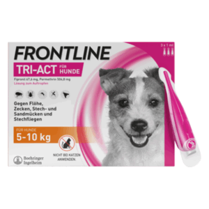 Verpackung von Frontline Tri-Act für Hunde, zur Bekämpfung von Flöhen und Zecken, für Hunde von 5-10 kg.