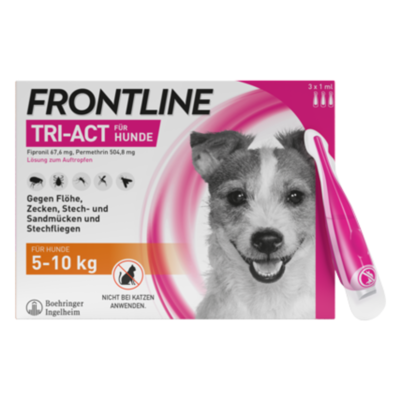 Verpackung von Frontline Tri-Act für Hunde, zur Bekämpfung von Flöhen und Zecken, für Hunde von 5-10 kg.